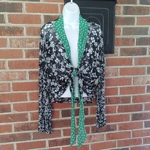 Cato Green and Black Floral Sheer  Tie Front Long Sleeve Cardigan Size L